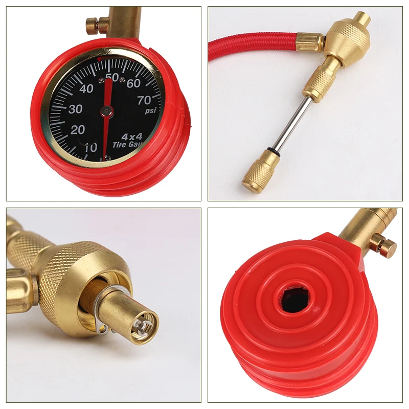 Red Mechanical Pointer Tire Pressure Gauge Tyre Deflator Kit with 4 Valve Cap for Automobile Cars Trucks