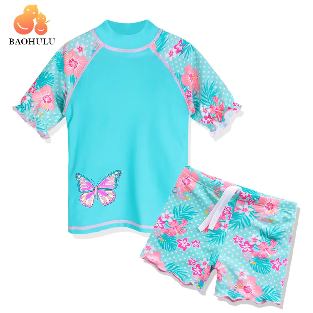 BAOHULU Summer Printed Butterfly Girls Swimsuit Children Swimwear UPF50+ Kids Beach Swimming Suits Bathing Suit Girl Cyan