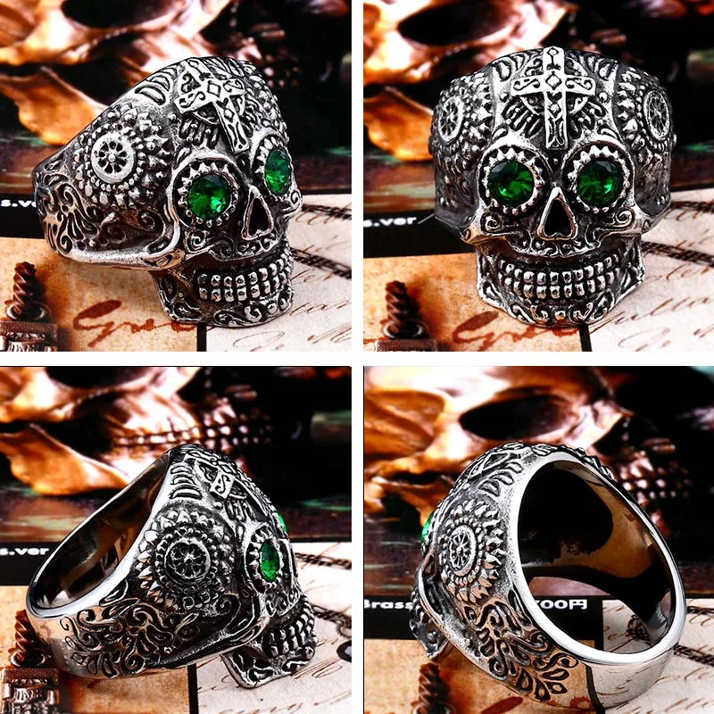 BEIER Stainless Steel Gothic Gold Color Carving kapala skull  Ring Biker Hiphop rock Jewelry Unique fashion Gift for men BR8-327