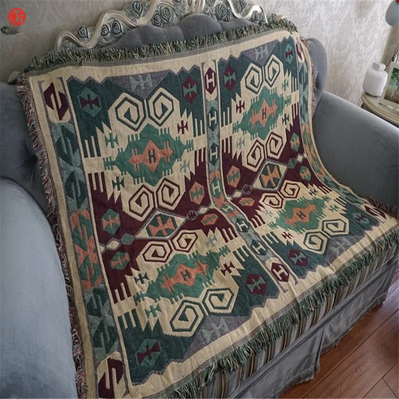 Home Decor Cotton Geometric Blanket 130*180cm Tassel Tapestry Throw Table Sofa Floor Carpet Cover Green Bedspread Multifunction