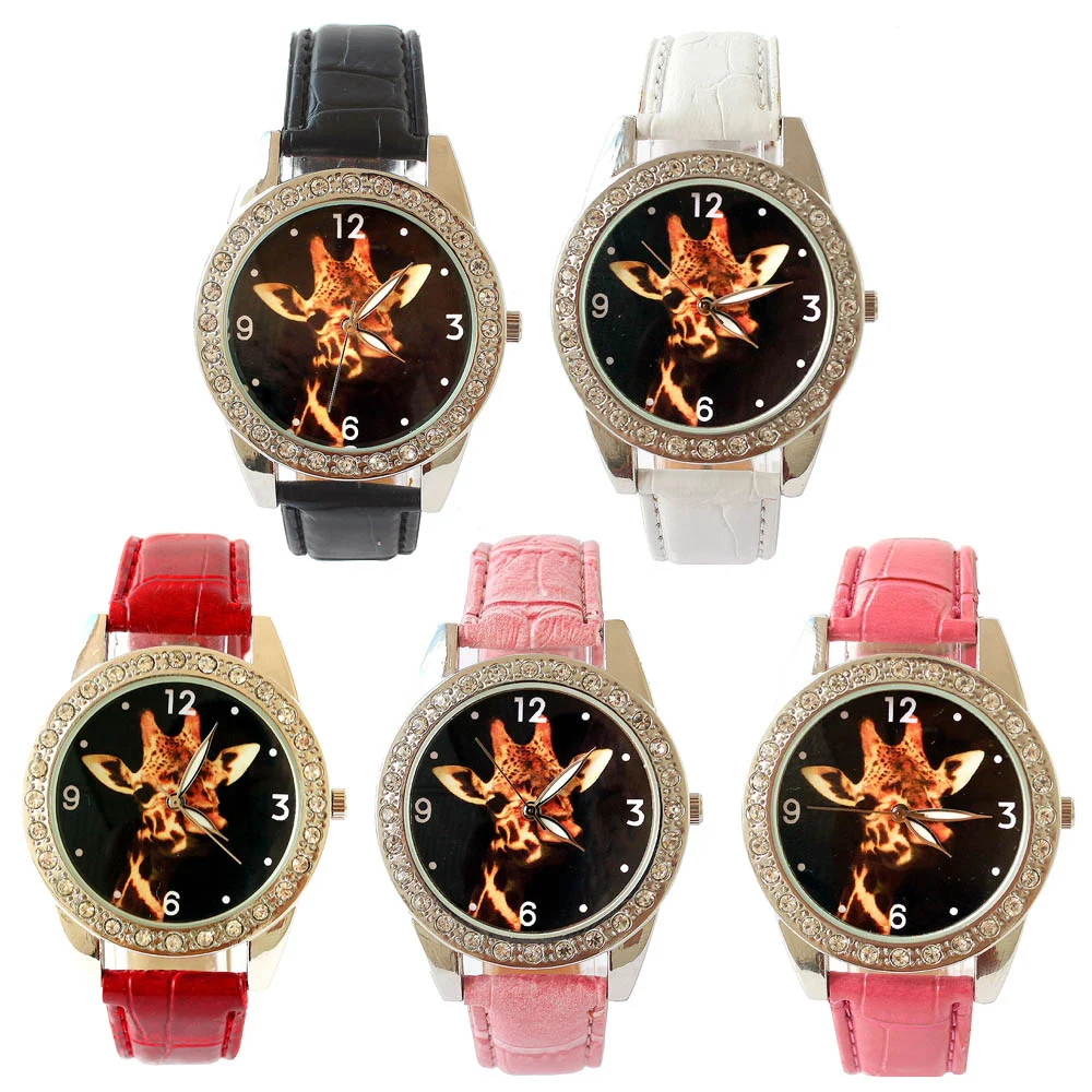 Populer Populer Rhinestones Jerapah Panggil Hewan Watch Kuarsa Berlian Kristal Kulit Tali Arloji Watch Hadiah Watch Clock