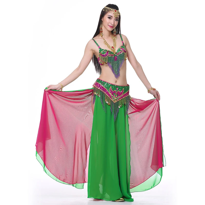 Professional Women Dance Wear 3 Pieces Outfit Double Colors Oriental Style Beaded Belly Dance Costume Set (Bra Belt Skirt)