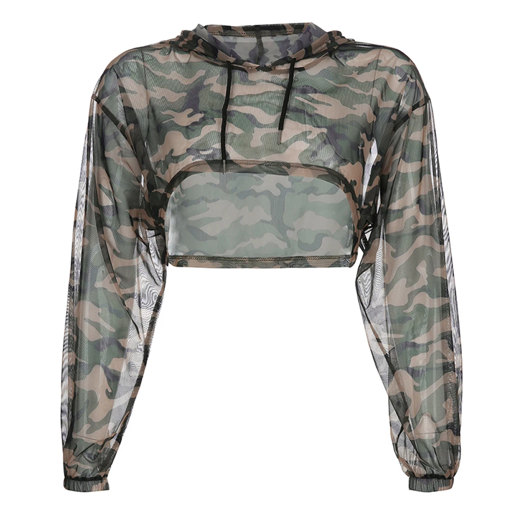 Women Sexy Camouflage Mesh Perspective Slim Long Sleeve Club Wear Party Casual Summer Cover-ups  Tops