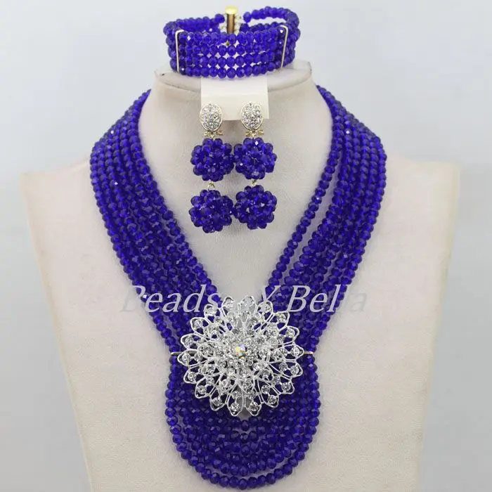 New Royal Blue African Beads Jewelry Set Nigerian Wedding Crystal Beads Necklace Bridal Lace Jewelry Sets  ABF521