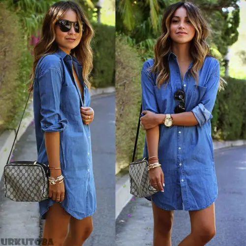 Autumn Fashion Women Denim Turn Down Collar Mini Dress Lapel Long Tops Shirt Ladies Long Sleeve Holiday Mini Dress S-2XL