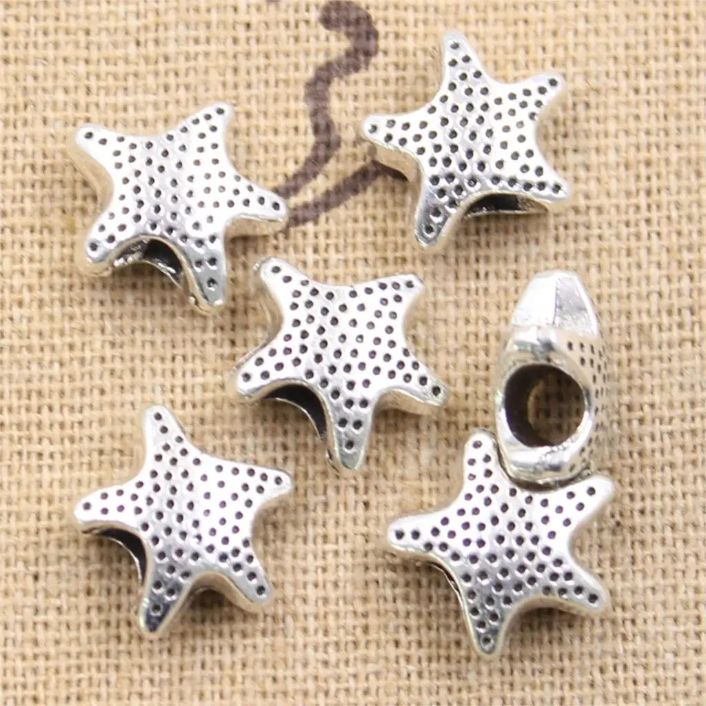 15pcs 13x7x12mm Starfish Star 4.5mm Big Hole Bead Charm Fits Antique Silver Color Charm Bracelets Wholesale DIY Making fit