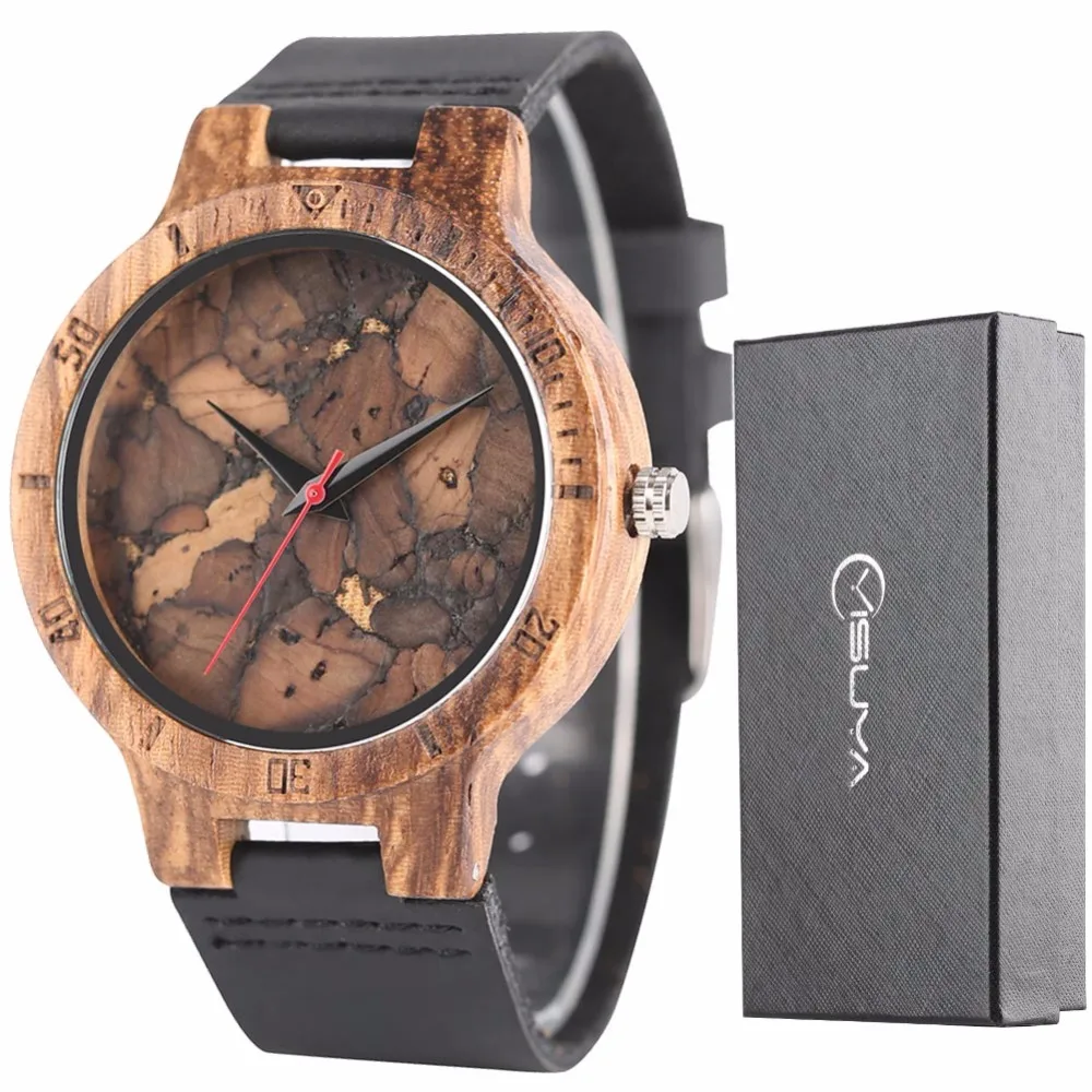 Men Watch Simple Bamboo Ebony Wood Watch Royal Blue Chic Black Quartz Watches Male Clock Hour Man Genuine Leather with Gifts Box