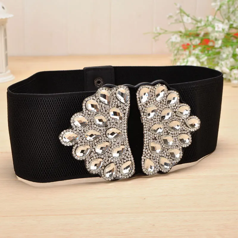 Fashion Women Elastic Wide Corset Belt For Women Glass Crystal Ceinture Ladies Thin Rhinestone inlaid Belt Waist Girdle SD08