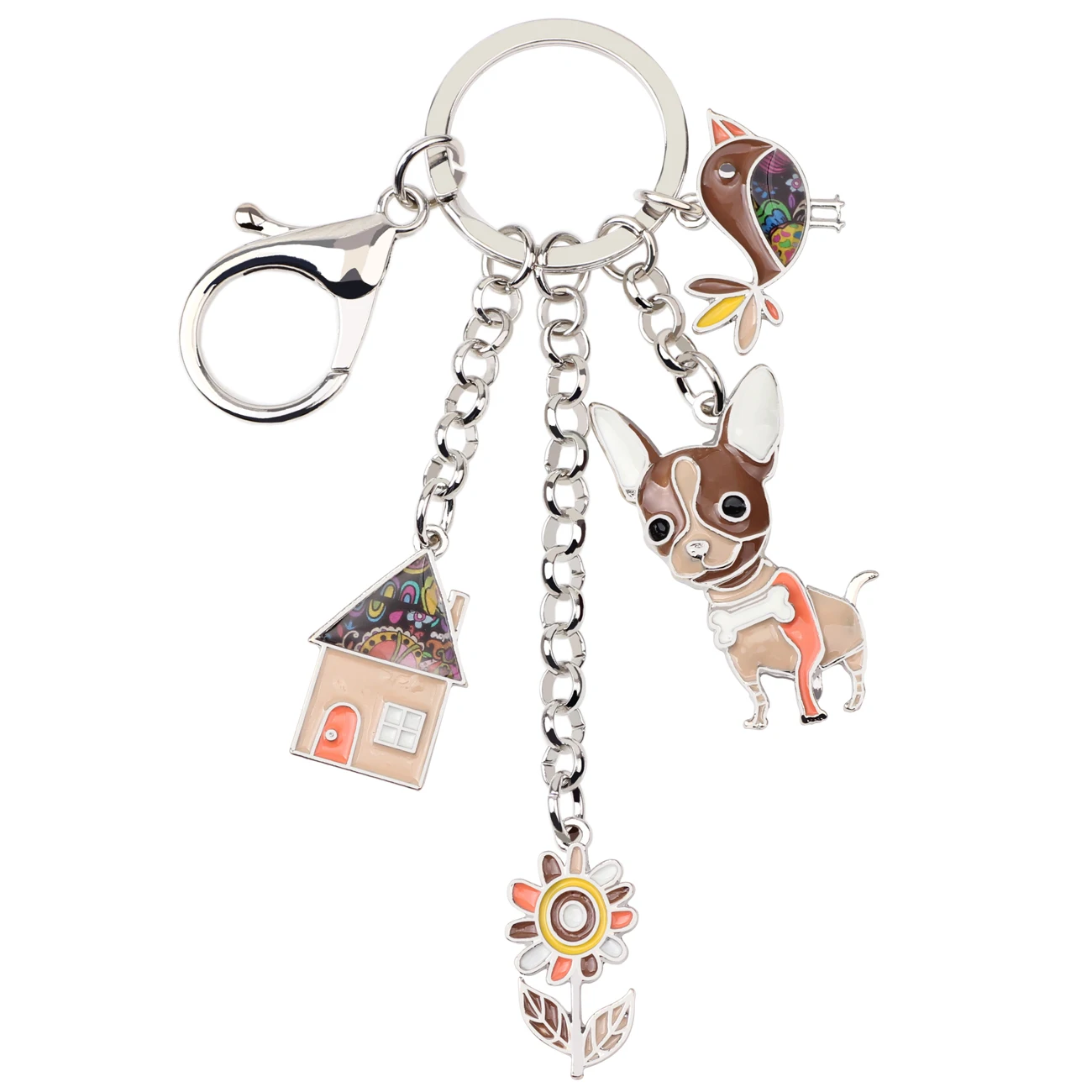 Bonsny Enamel Metal Chihuahua Dog Bird Flower House Key Chain Keychains Ring Bag Charms Car Holder Jewelry For Women Girls Gifts