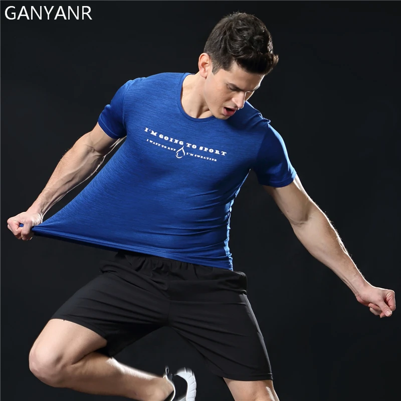 GANYANR วิ่งชายเสื้อบาสเกตบอลเทนนิส Tee กีฬาฟิตเนสกีฬา Gym Jogging Tops Slim Fit Rash Guard การฝึกอบรม