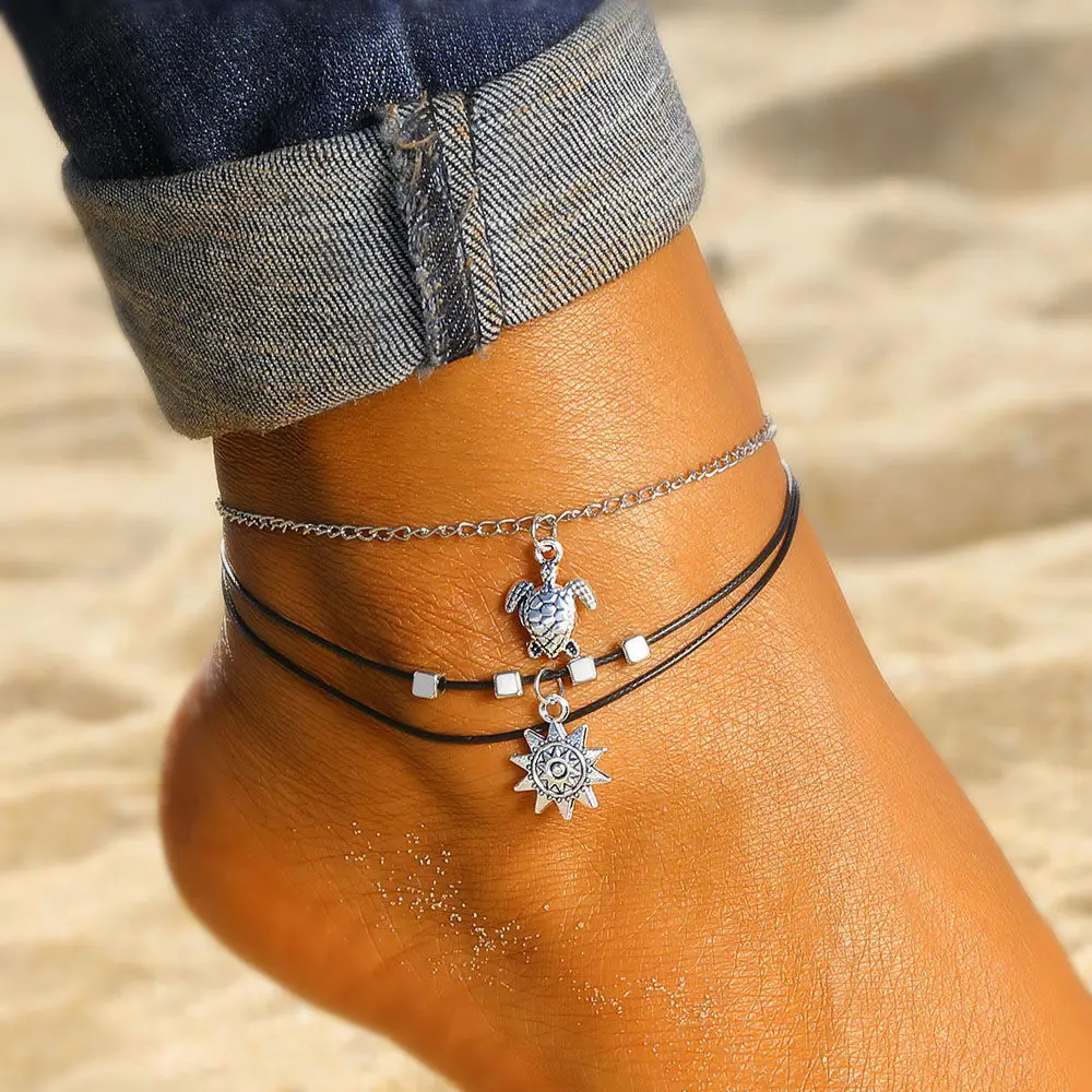 Vintage Multi Layered Turtle Pendant Anklet For Women Boho Sun Beads Charm Ankle Bracelet Summer Beach Leg Chain Foot Jewelry