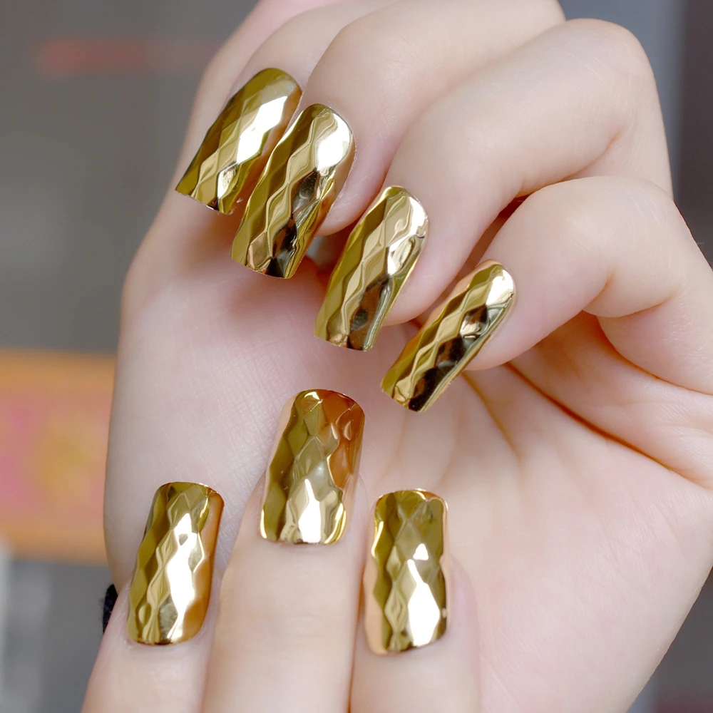 3D Metalen Spiegel Valse Nagels Gold Fake Nail Lange Grootte Ruit Acryl Nail Tips Diy Nail Salon Producten 24Pcs