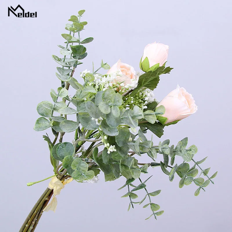 Meldel-ramo de flores artificiales de seda para novia, ramo de flores de rosas para boda, hojas de eucalipto, para fiesta de respiración de bebé, decoración del hogar