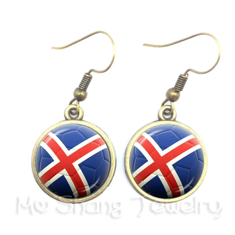 Wholesale Handmade Denmark Poland Iceland Belgium Brazil Mexico Flag Glass Cabochon Earrings Footbal Cup Fans Souvenirs Hot Sale