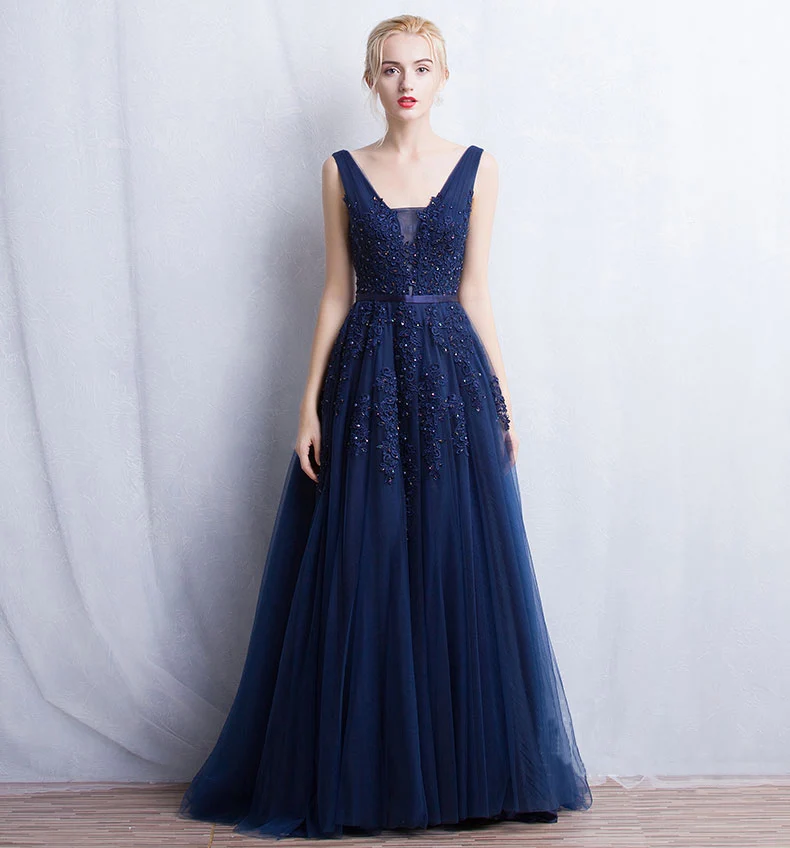 Vestidos de festa Evening Dress Robe De Soiree V Neck with Lace Appliques Long Tulle Party Evening Dresses 2020 Pink Navy Blue