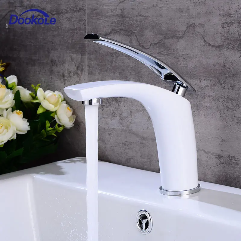 

Bathroom Vanity Sink Faucet Single Handle Single Hole Deck Mounted, Washroom Basin Mixer Taps Brass White Finished