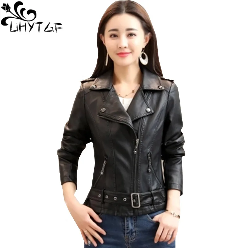 UHYTGF Leather Jacket Women Autumn Outewear Female Short Belt Zipper Slim Leather Coats Ladies 4XL Korean Loose Biker Jacket 783