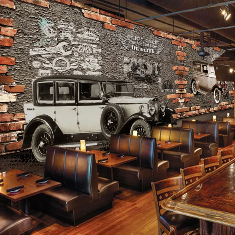 

Custom Wallpaper 3D Retro Vintage Car Brick Wall Murals Cafe Restaurant KTV Bar Backdrop Wall Papers Home Decor Papel De Parede