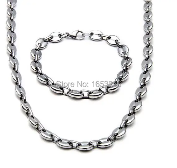 

in bulk 5 set Lot 22''+8.66'' 9mm stainless steel coffee beans Chain Link necklace and bracelet Men Jewelry Set