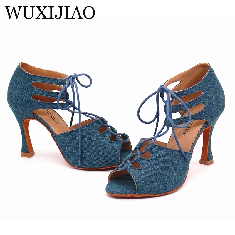 WUXIJIAO New Girl Dance Shoes Denim fabric  Lace-up shoes Latin Dance Shoes Women Samba Party Ballroom Soft Bottom Shoes 5-10cm