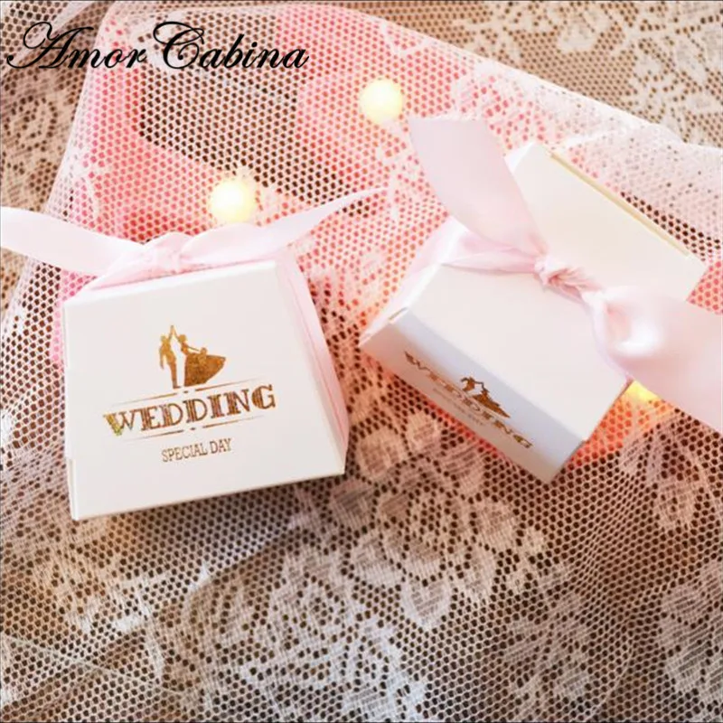 50pcs European small fresh white bronzing trapezoidal candy box party romantic wedding gift box thank you chocolate box