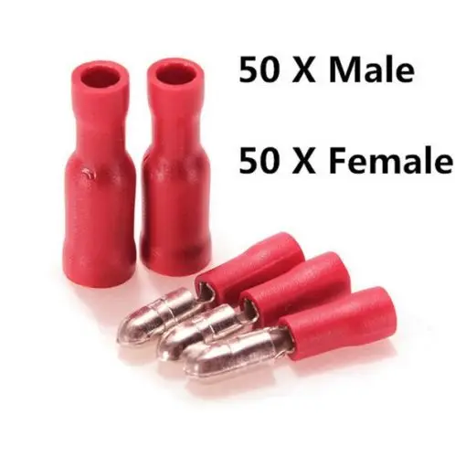 Terminales de cable de engarce, conector a tope de bala hembra y macho, surtido rojo, 100 Uds., nuevo