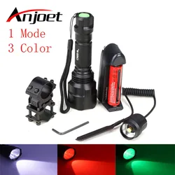 1 Juego de linterna táctica led CREE T6, Blanca/Verde/roja, batería + cargador + interruptor de presión de montaje, lámpara de luz para Rifle de caza