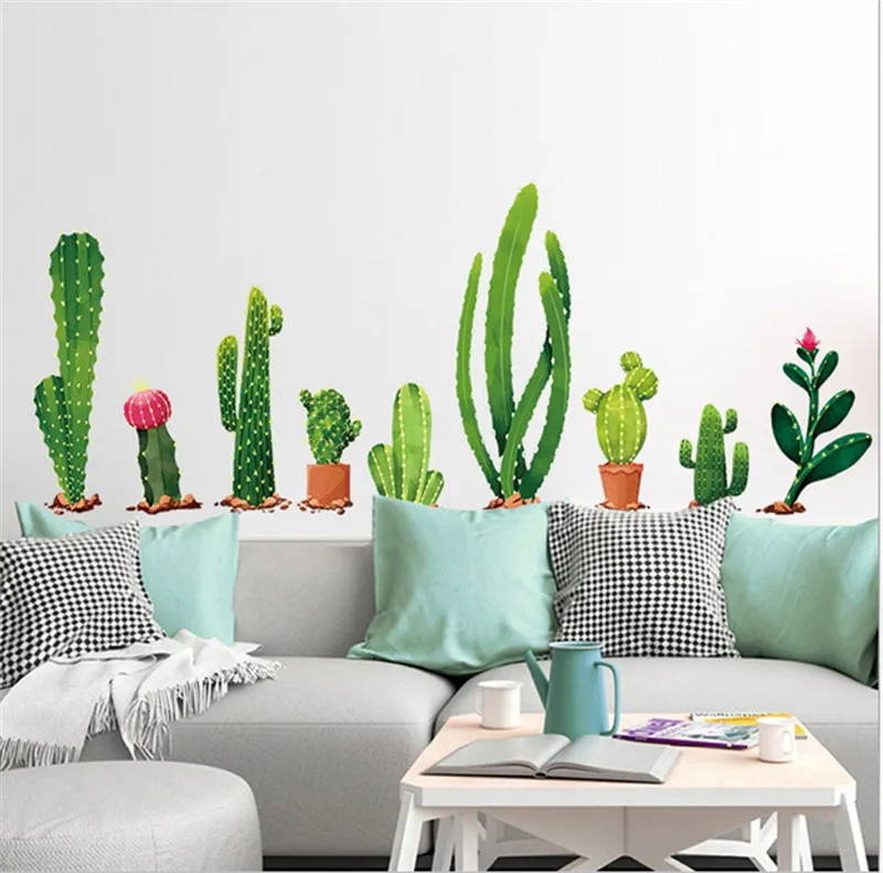Cactus Plant TV Background Wall Stickers Home Decor Living Room 3D Wall Decal Autocollant Mural