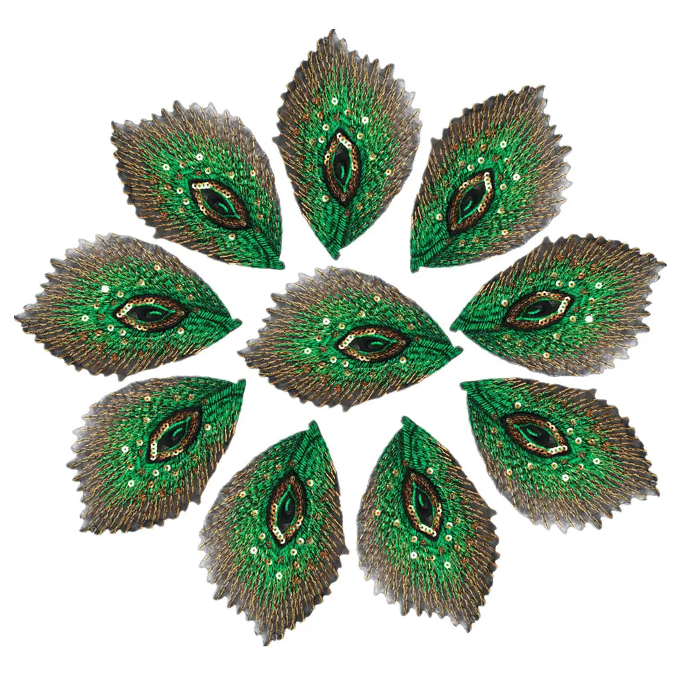 10PCS Green Peacock Feathers Phoenix Sequined Mesh Embroidered Sew Iron On Patches Badges For Dress DIY Appliques Decoration