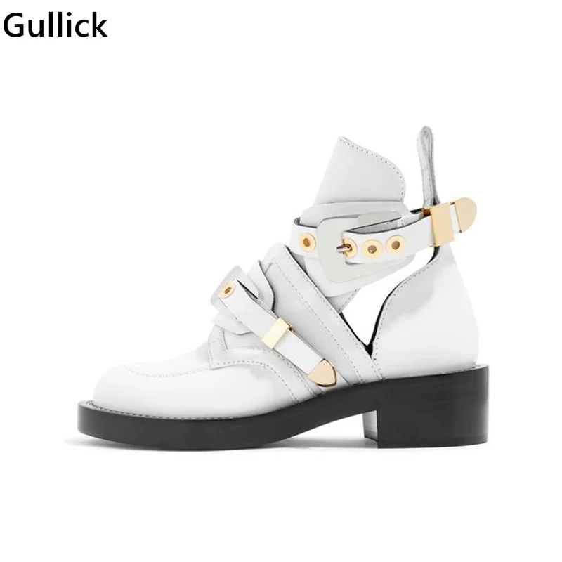 High Quality Luxury Spring Autumn Women White Ankle Boots Square Heels Buckle Hollow Leather Woman Punk Shoes Metal Decor