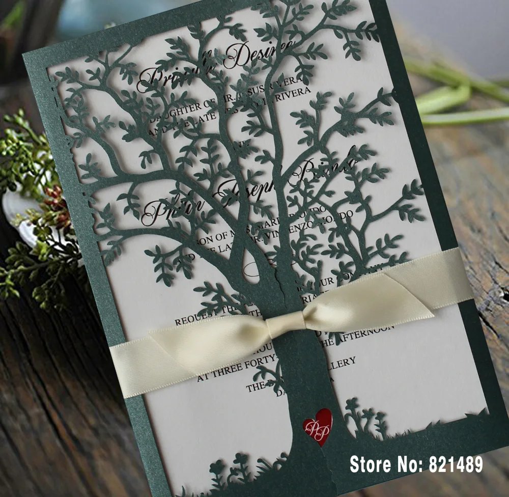 Green Color Tree Wedding Invitations, White Ribbon Invitation Cards, Laser Cut Tree Wedding Invitations - Set of 50