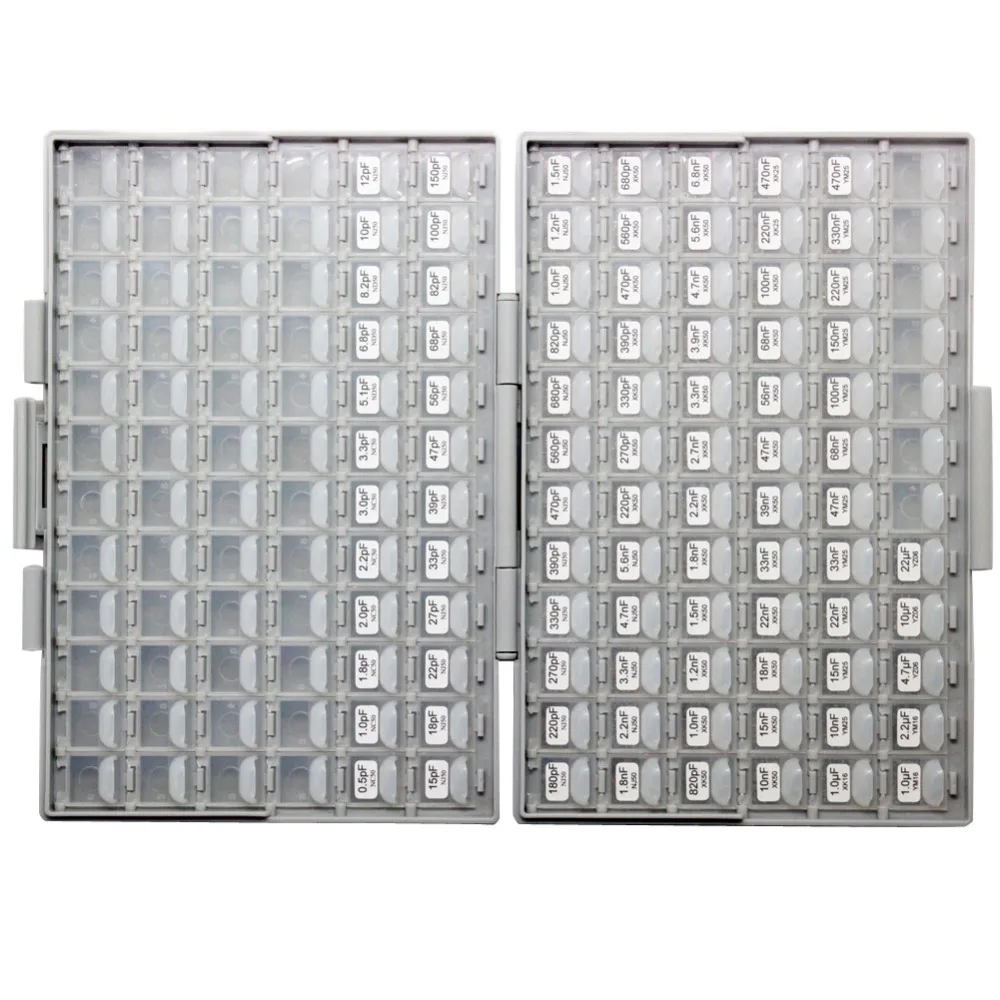 AideTek SMD 1206 Capacitor box  Kits up to 22uF 89V x 50pcs X7R NPO Distributed assorted capacitor organizzation storage C1250