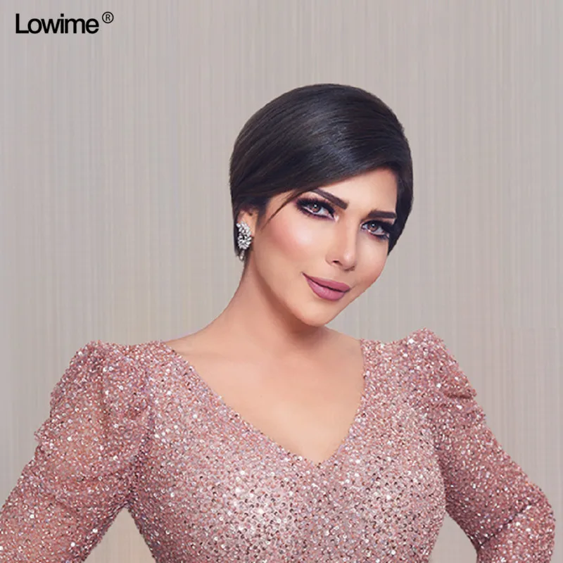 Plus Size Sparkly Muslim Evening Dresses A-Line With Long Sleeves Dubai Turkish V-Neck Evening Gowns Beaded Celebrity Gowns