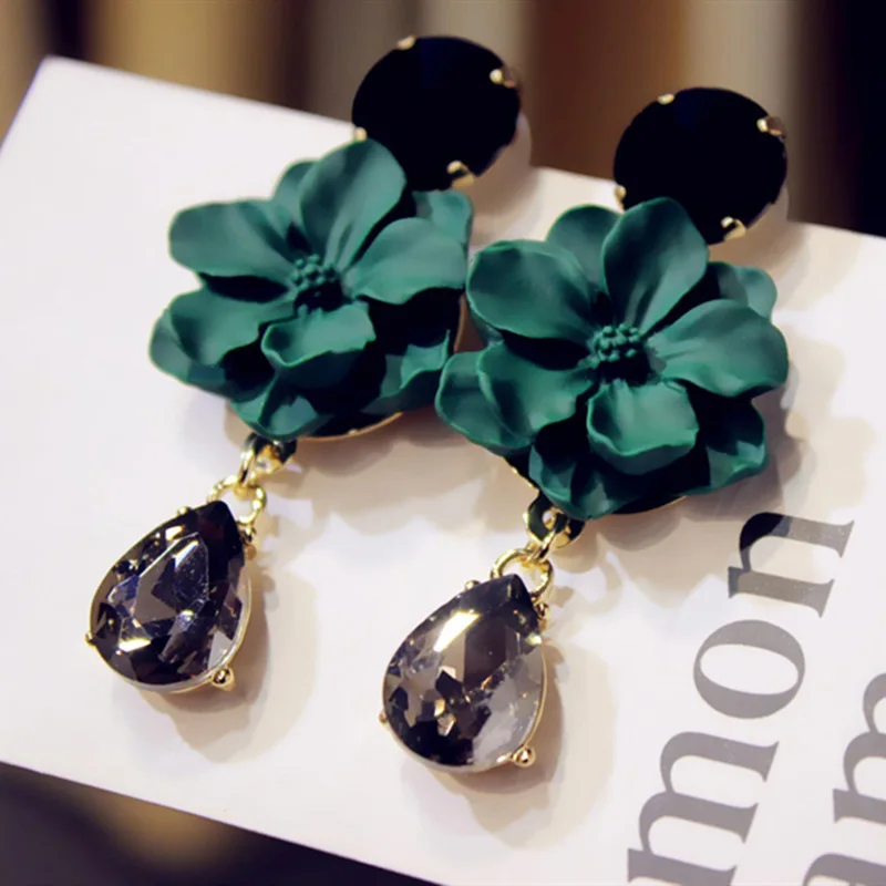 LUBOV Vintage Bohemia Natural Stone Black Crystal Big Earring For Women Fashion Jewelry Green Flower Dangle Drop Earrings Bijoux