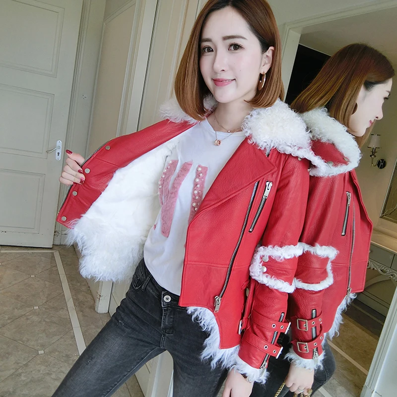 Locomotive Style Leather Genuine Mongolia Sheep Wool Women Slim Fur Real Ladies Winter Genuine Sheepskin Leather Clothing