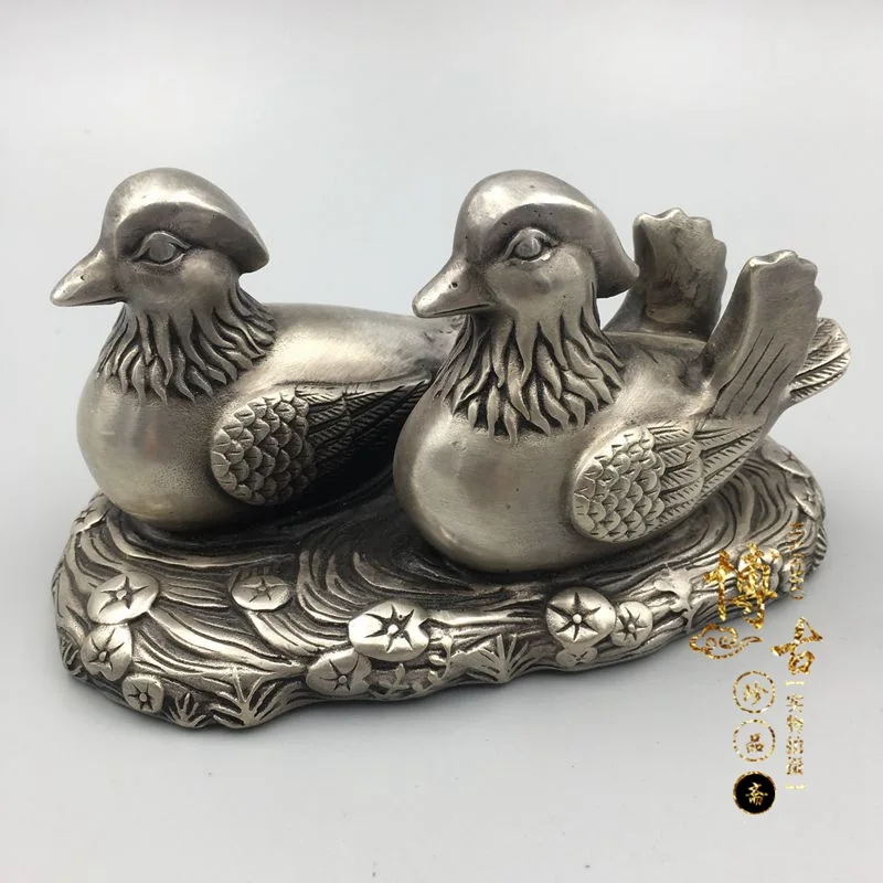 

China's rare miao silver mandarin duck statue wedding metal crafts home decoration