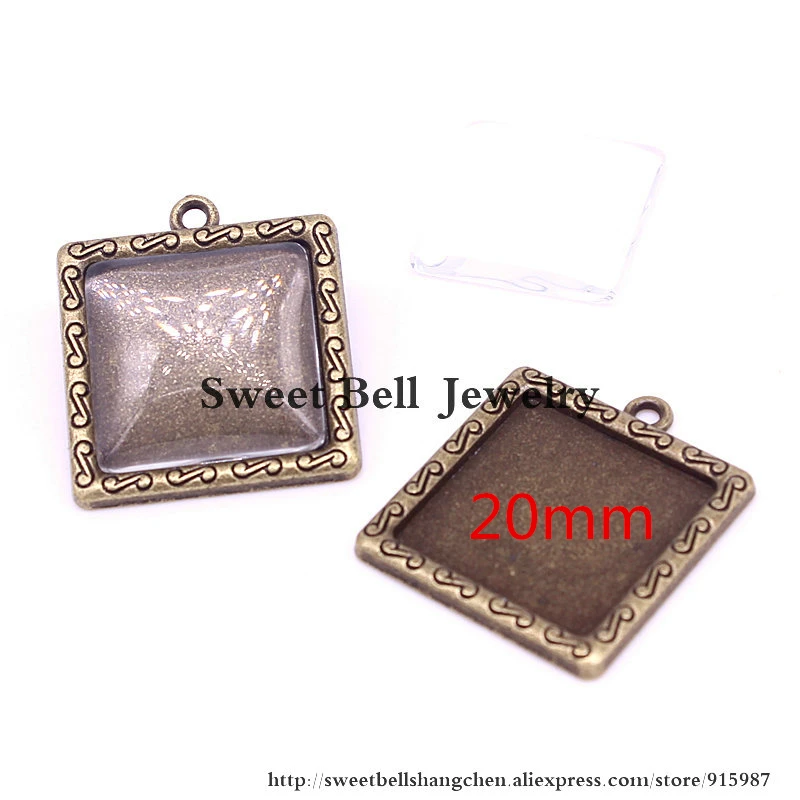 10set Antique Bronze Square 25*29mm(Fit 20*20mm dia) Pendant Blanks Fit Jewelry Making Charms + Clear Glass Cabochons 7D1237