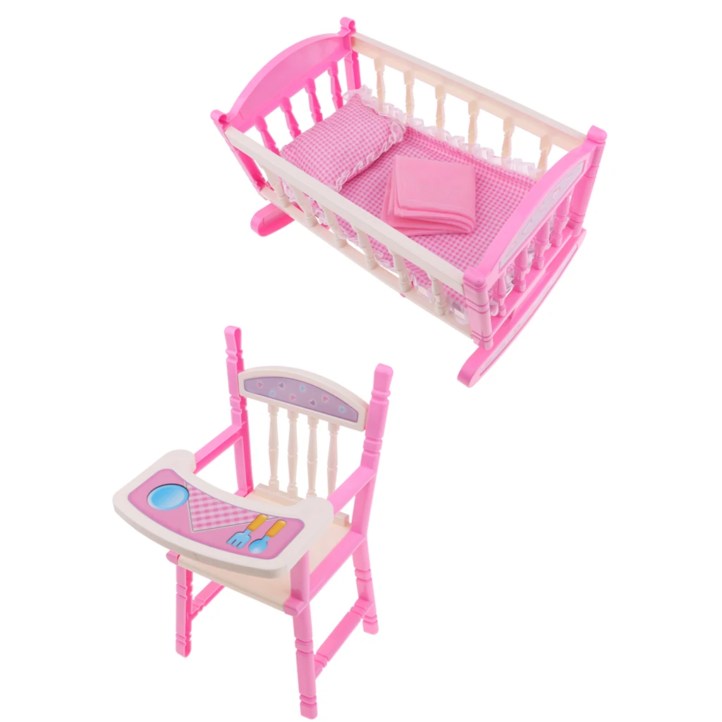 Cadeira alta Berço Cama para Criança, Playset Móveis ABS, Berço Reborn Bed Set, Cadeira de jantar Acessórios, Baby Doll