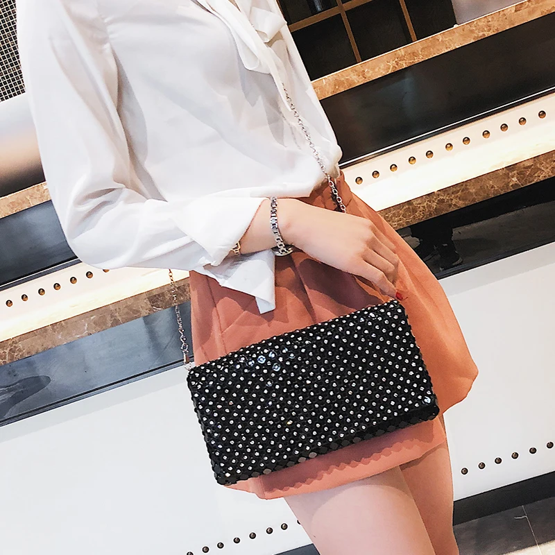 New Style Metal Material Diamond Casual Ladies Party Clutch Bag Chain Purse Crossbody Mini Messenger Envelope Bag Handbag Purse