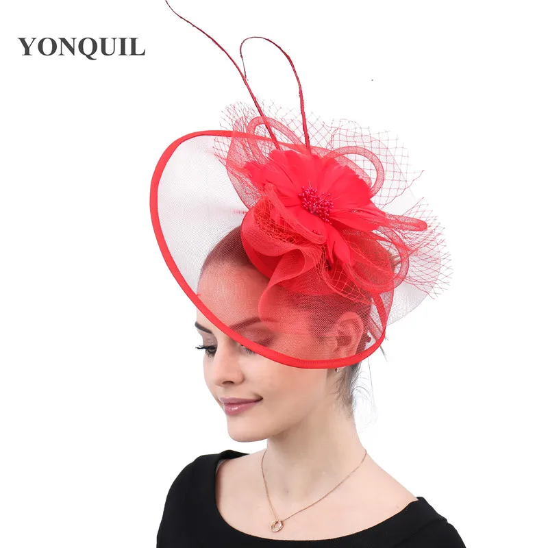 Kenducky Red Big Fascinator Hats Ladies Elegant Church Wedding Party Cocktail Hats Elegant Hair Clips Mesh Hair Accessories