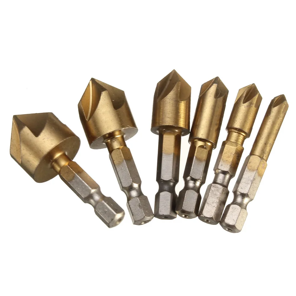 6PCS/Set 5 Flute Chamfer Countersink 1/4