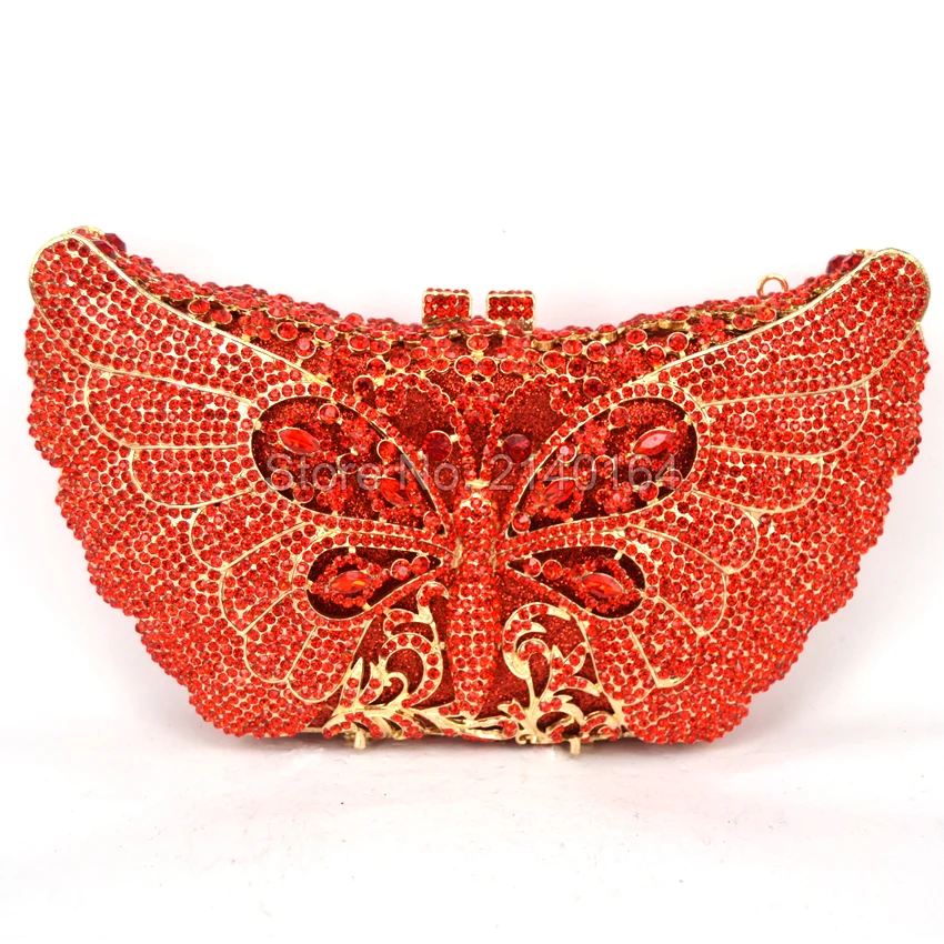 

Women Butterfly Shape Luxury Crystal Red Evening Bag with Chain Sisters Party Handbag Wedding Clutch Animal Evening Handbag Q76