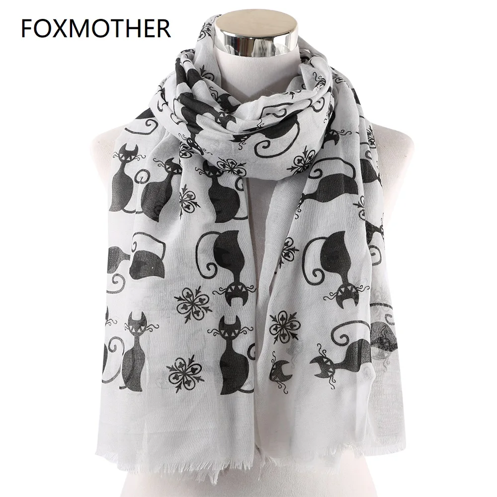 FOXMOTHER New Vintage Pink White Cat Foulard Femme Animal Cat Scarves For Cat Lover Mother Gifts Scarfs Dropshipping