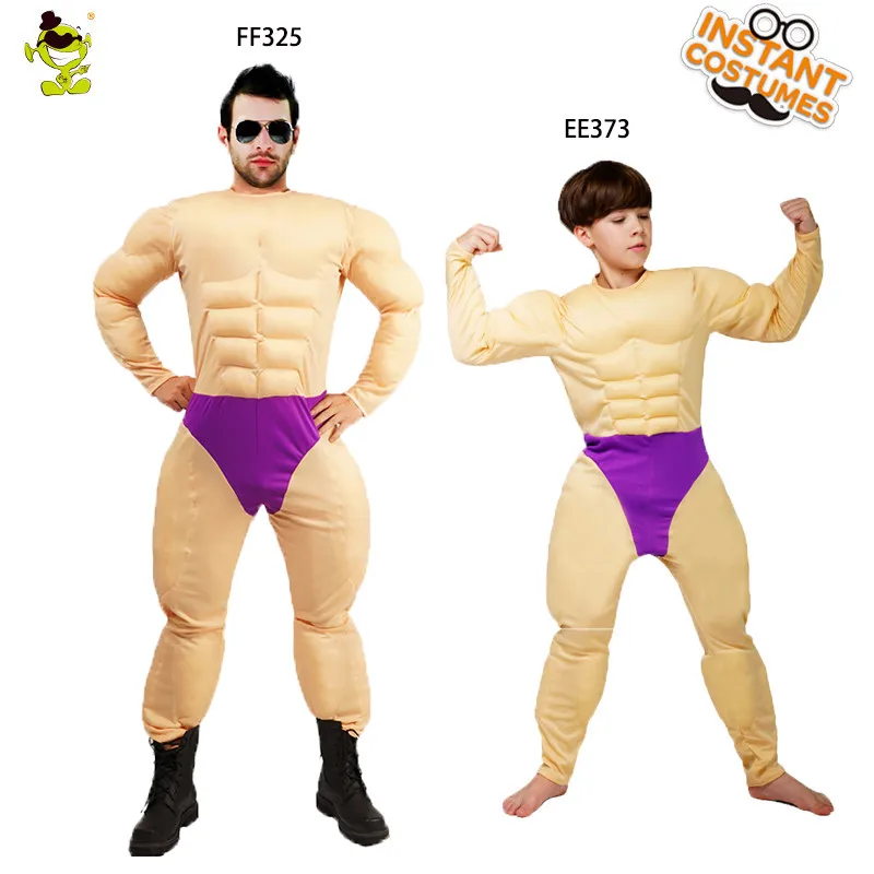 Purim Adult Costumes Cosplay Muscle Jumpsuit Role Play Halloween  Child Boy Muscle Strong Man Clothes