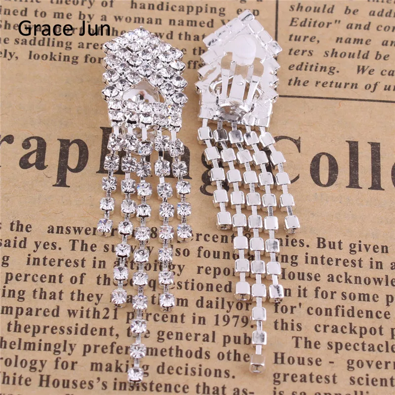 Grace Jun16 Colors Rhinestone Crystal Tassel Clip on Earrings Non Piercing for Women Charm Chandelier Jewelry Ear Clip Xmas Gift