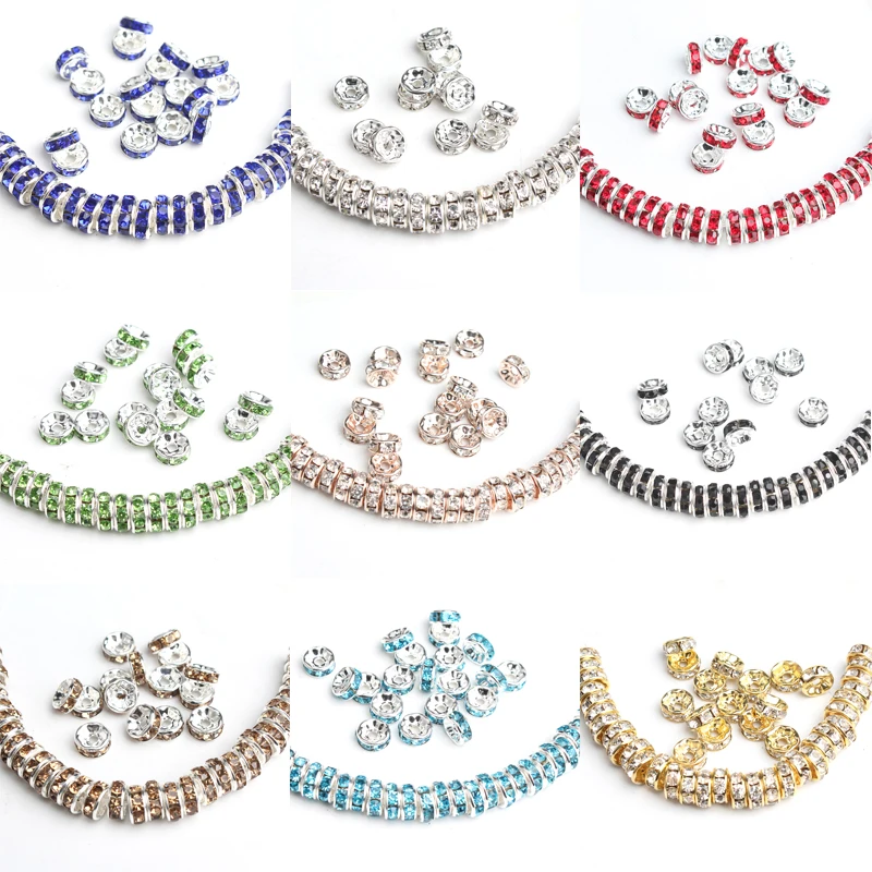 100pcs/lot 4/6/8mm Metal Crystal Rhinestone Rondelle Slider Beads Spacer DIY Jewelry Making Accessories Multi-color Pick