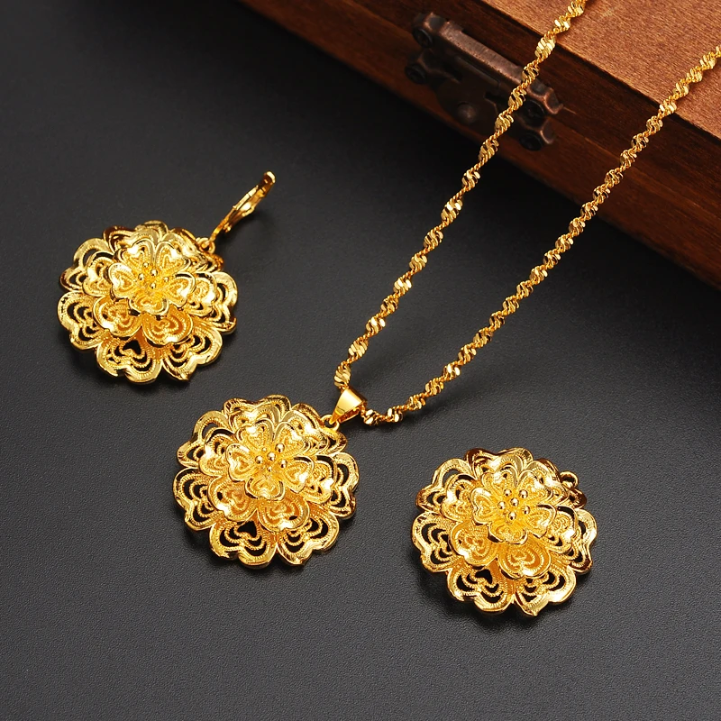 New Dubai Gold Color Luxurious Fashion African Big Flower Jewelry Set Women Girls Charms Pendant Necklace Earrings Gift