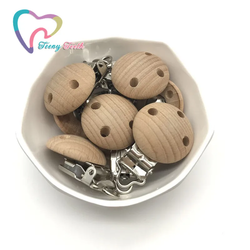 Teeny Teeth 10 PCS Pacifier Clips Round Natural Color Beech Wood Baby Holder Teether Teething Universal Clip Wood Dummy Cilp