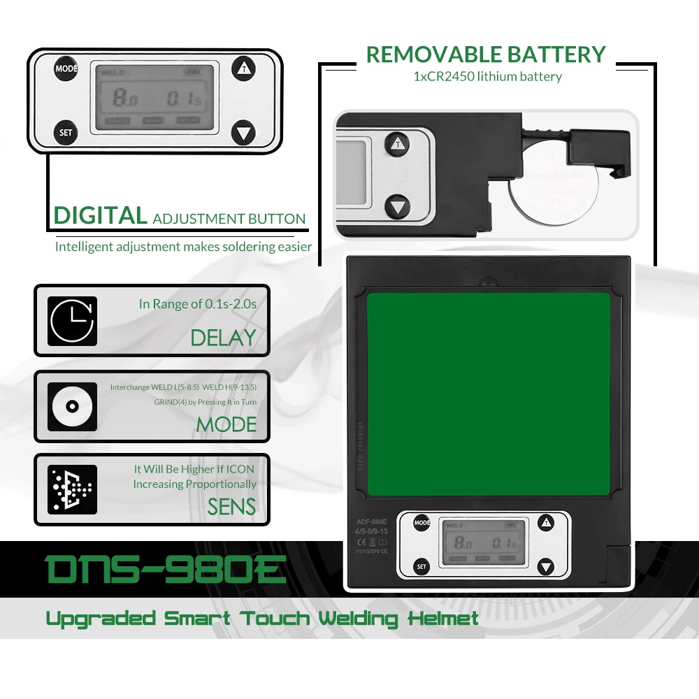 Imagem -02 - Deko Dns-980e Atualizado Energia Solar Escurecimento Automático Capacete de Soldagem Sombra Faixa 58.5 913.5 Máscara de Soldagem para Tig Mig Mma