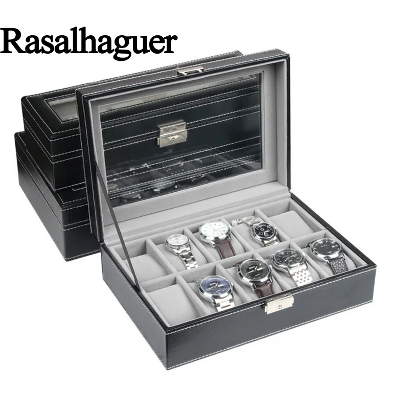 Rasalhaguer Top Sale 6 Grids PU Leather Watch Boxes Storage Organizer Box Luxury Jewelry Display Watch Case Black